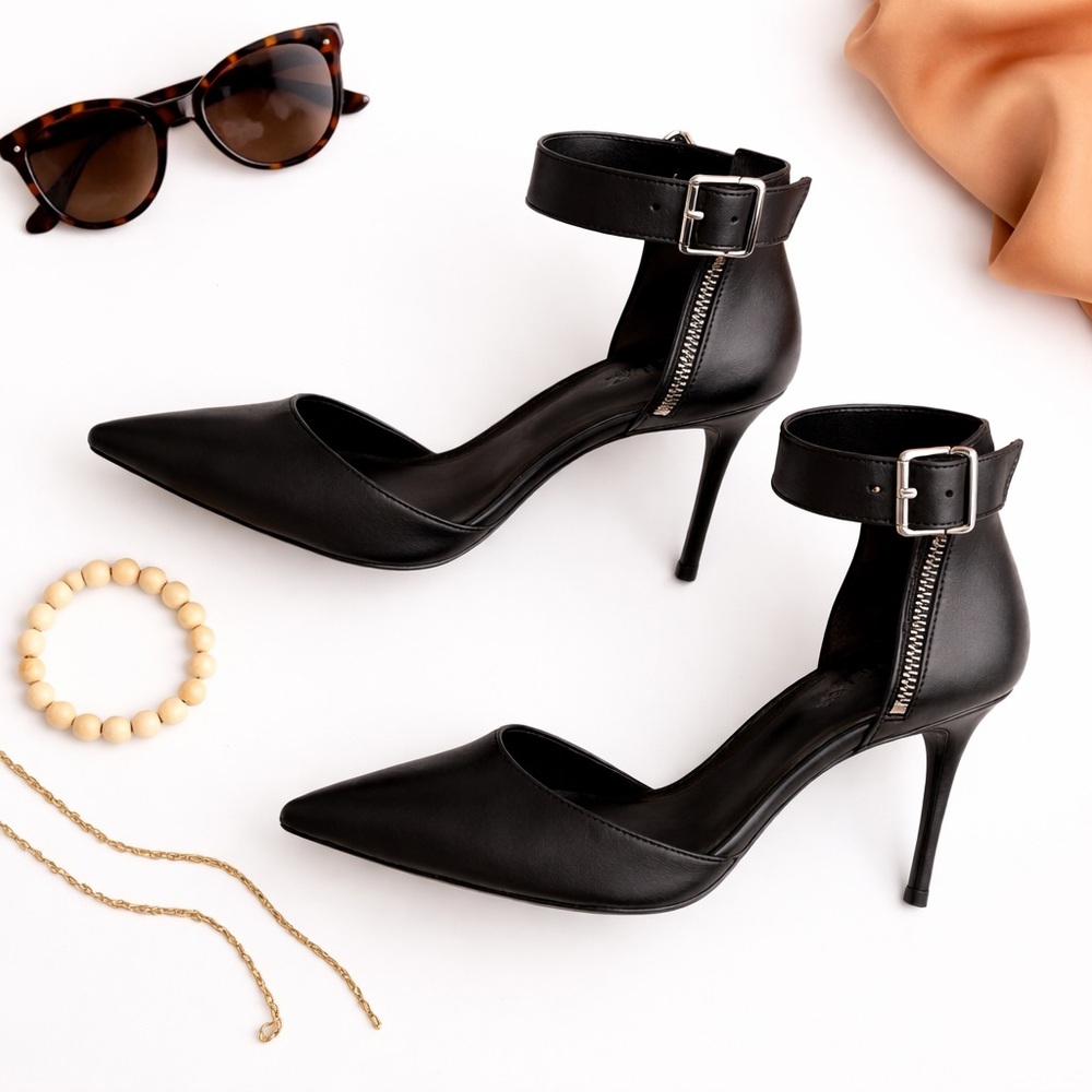 Schutz Black Leather Pointed Toe Stilettos Ankle Strap Zip Heels Size 9B / EU 40 - Picture 12 of 12